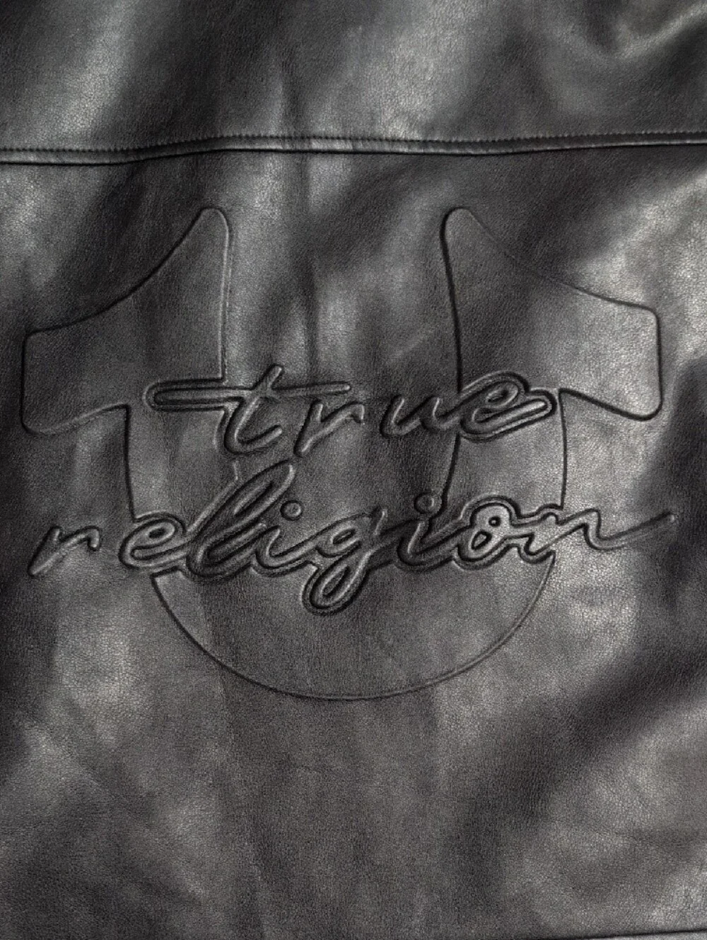 True Religion Black Leather Cropped Biker Jacket with White Racing Stripes